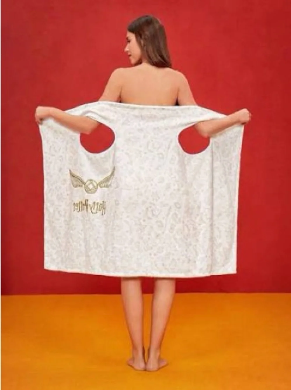 White Hooded Bath Wrap with Gold Emblem